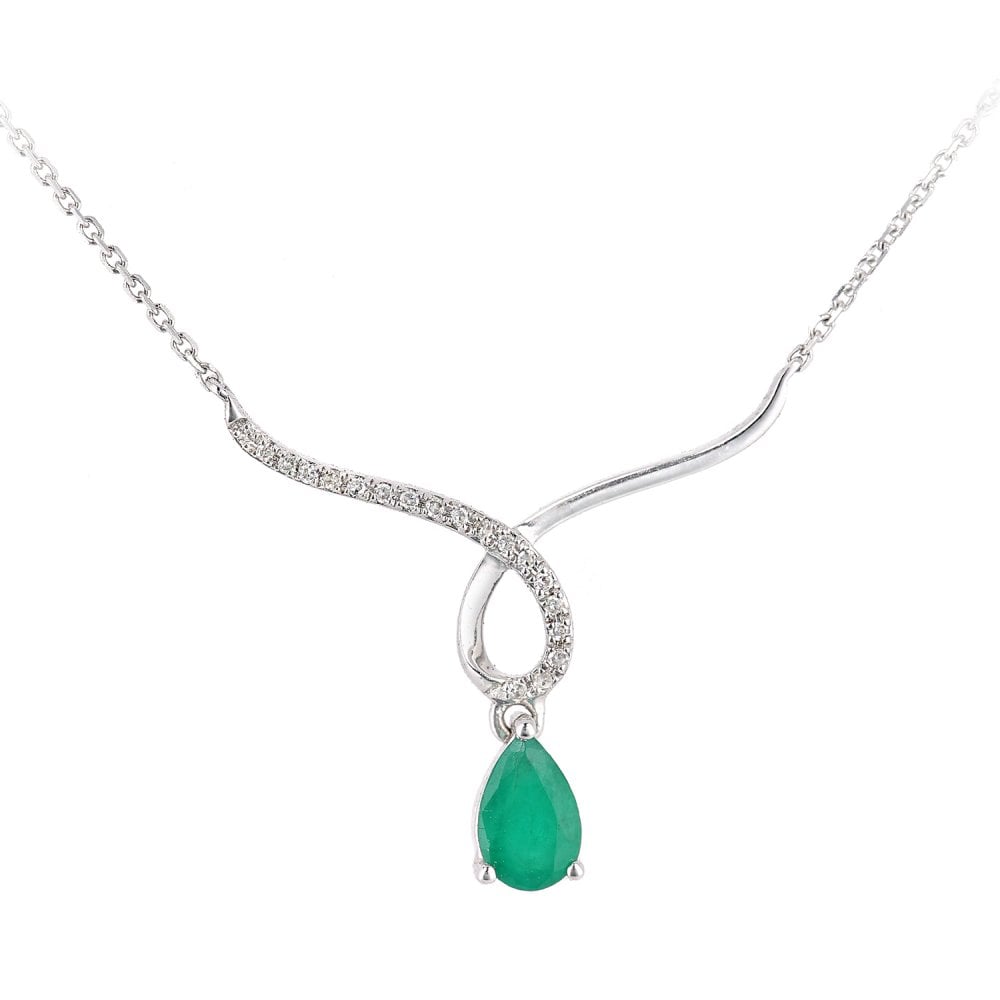 SPARKLD 9ct White Gold Pear Emerald and 0.03ct Diamond Wishbone Necklace