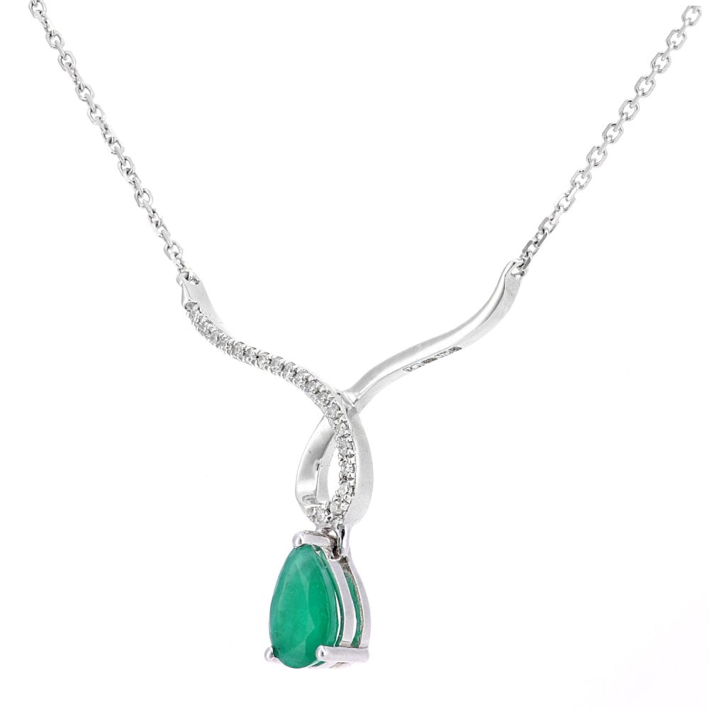 SPARKLD 9ct White Gold Pear Emerald and 0.03ct Diamond Wishbone Necklace