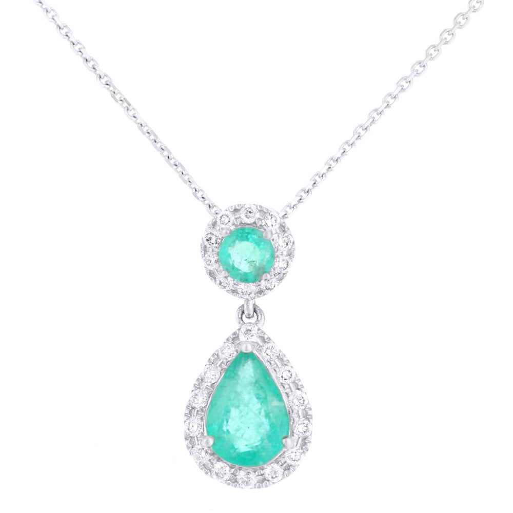 SPARKLD 9ct White Gold Pear Emerald Teardrop 0.18ct Diamond Halo Pendant Necklace