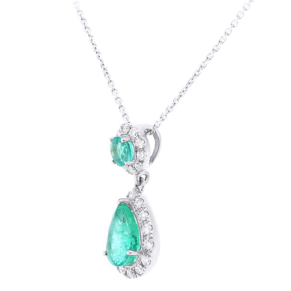 SPARKLD 9ct White Gold Pear Emerald Teardrop 0.18ct Diamond Halo Pendant Necklace