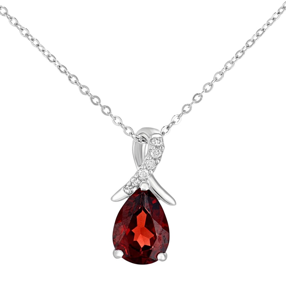 SPARKLD 9ct White Gold Pear Garnet and 0.02ct Diamond Pendant Necklace