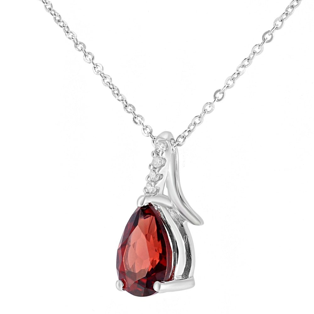 SPARKLD 9ct White Gold Pear Garnet and 0.02ct Diamond Pendant Necklace