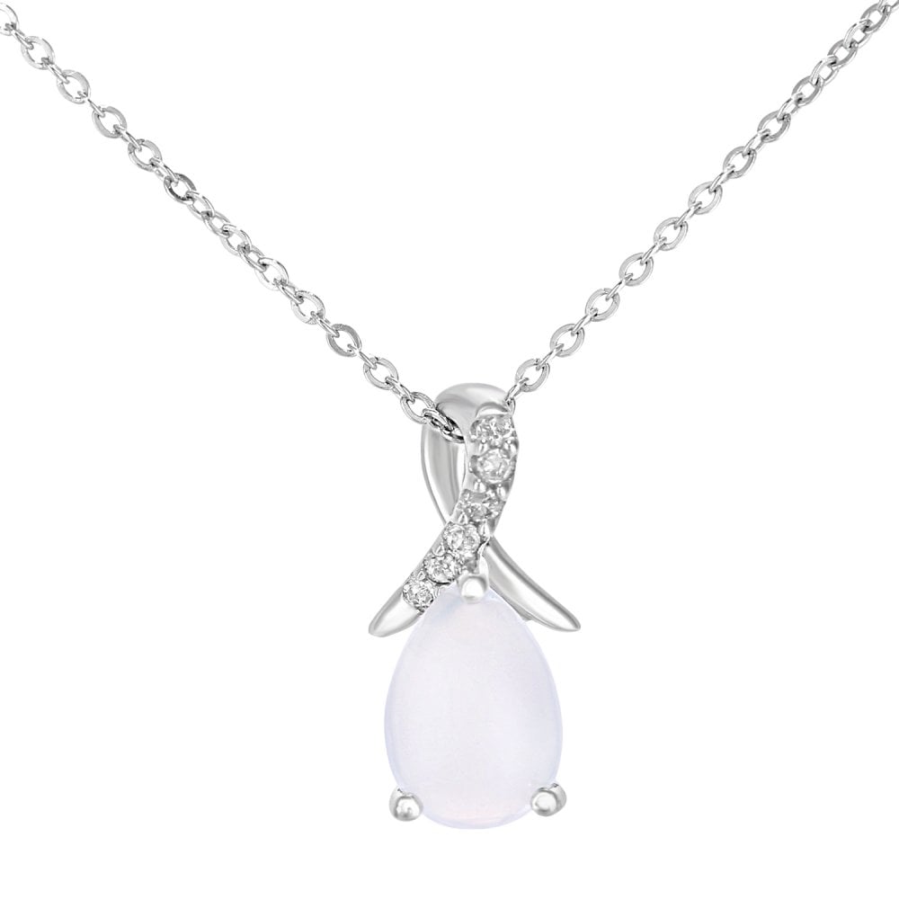 SPARKLD 9ct White Gold Pear Opal and 0.02ct Diamond Pendant Necklace