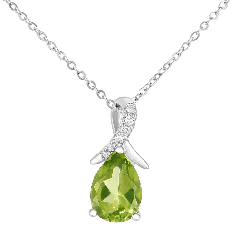 SPARKLD 9ct White Gold Pear Peridot and 0.02ct Diamond Pendant Necklace