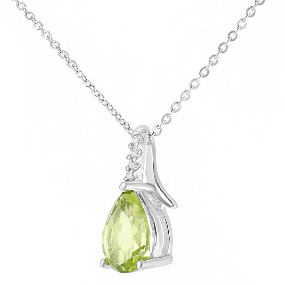 SPARKLD 9ct White Gold Pear Peridot and 0.02ct Diamond Pendant Necklace