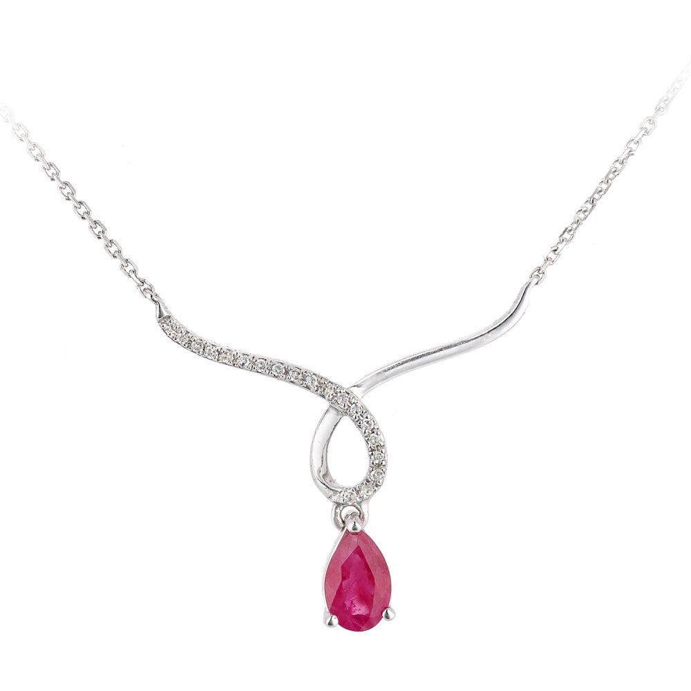 SPARKLD 9ct White Gold Pear Ruby and 0.03ct Diamond Wishbone Necklace