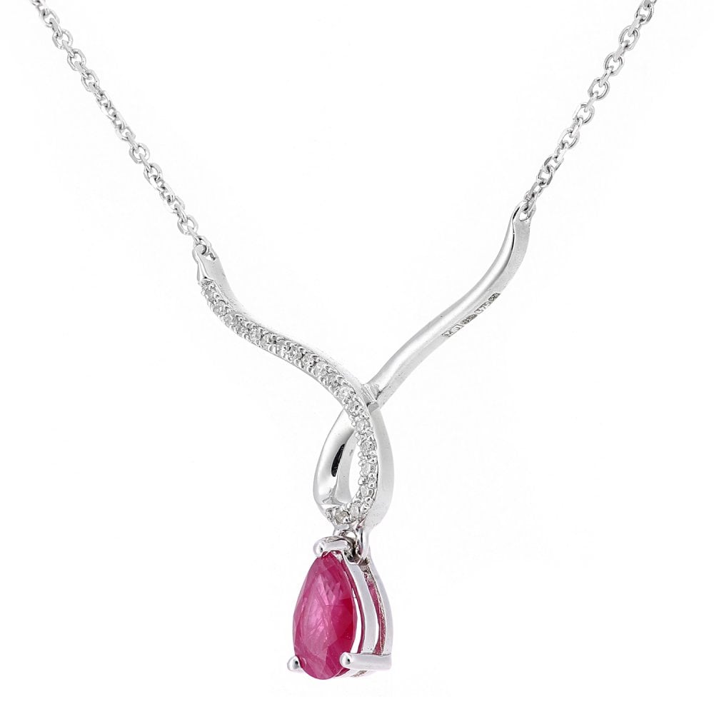 SPARKLD 9ct White Gold Pear Ruby and 0.03ct Diamond Wishbone Necklace