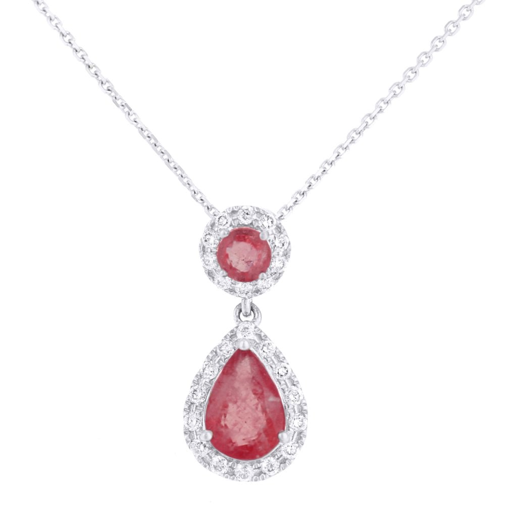 SPARKLD 9ct White Gold Pear Ruby Teardrop 0.18ct Diamond Halo Pendant Necklace