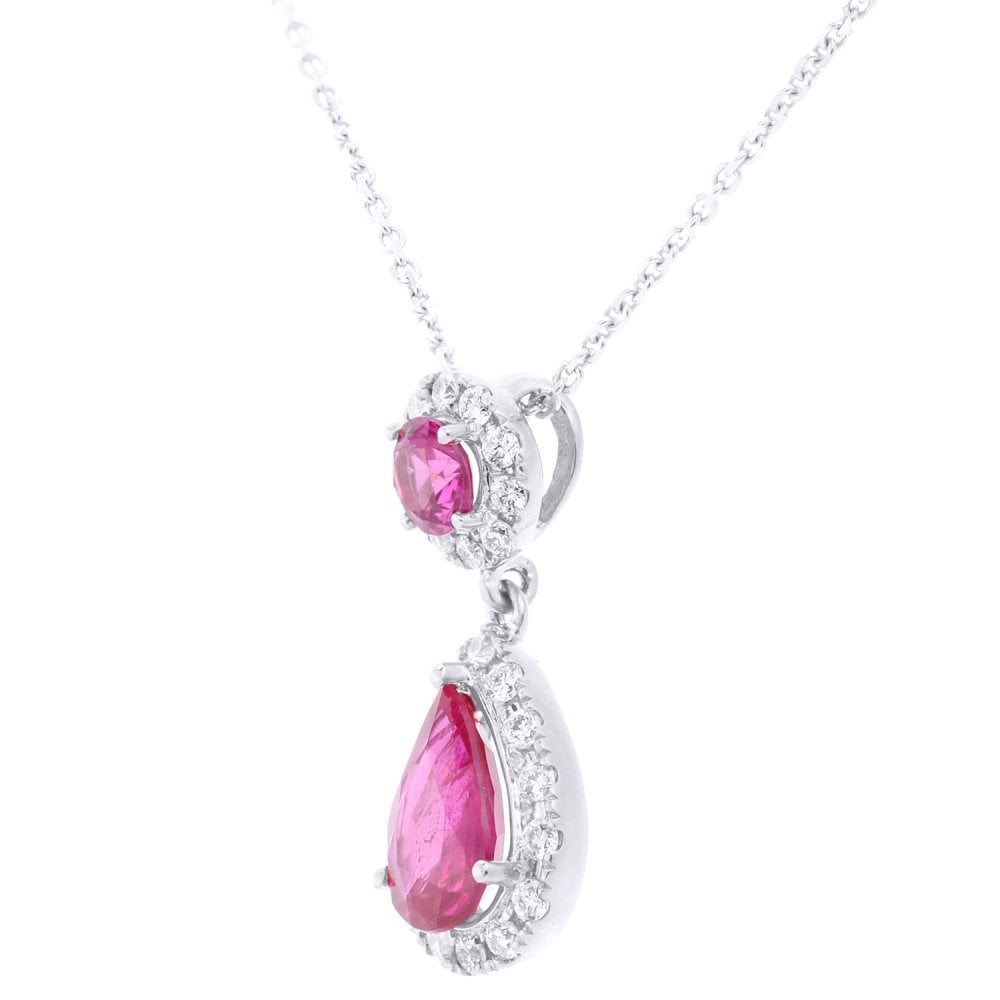 SPARKLD 9ct White Gold Pear Ruby Teardrop 0.18ct Diamond Halo Pendant Necklace