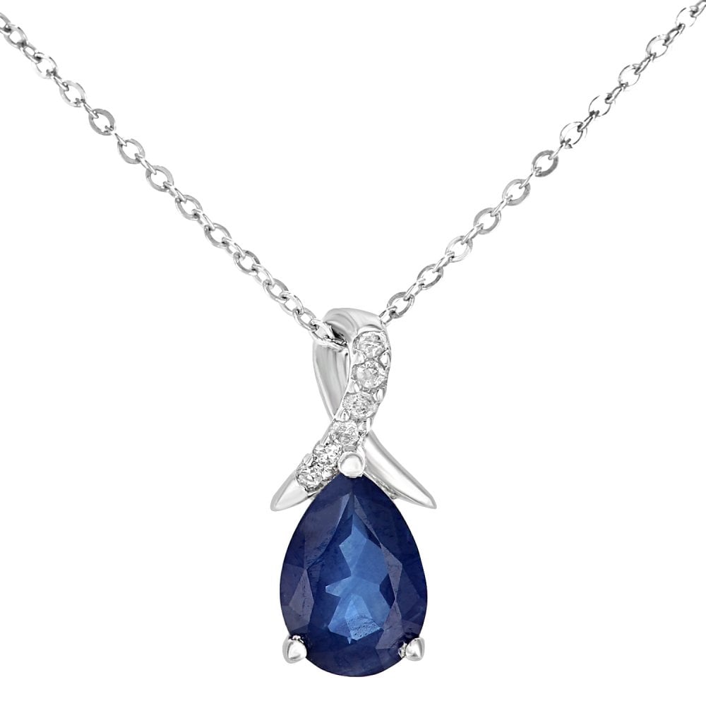 SPARKLD 9ct White Gold Pear Sapphire and 0.02ct Diamond Pendant Necklace
