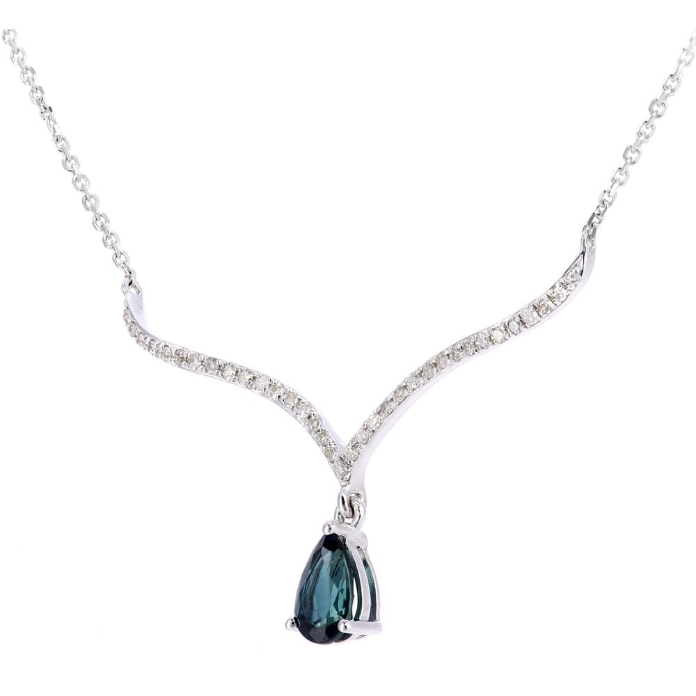 SPARKLD 9ct White Gold Pear Sapphire and 0.10ct Diamond Wishbone Necklace