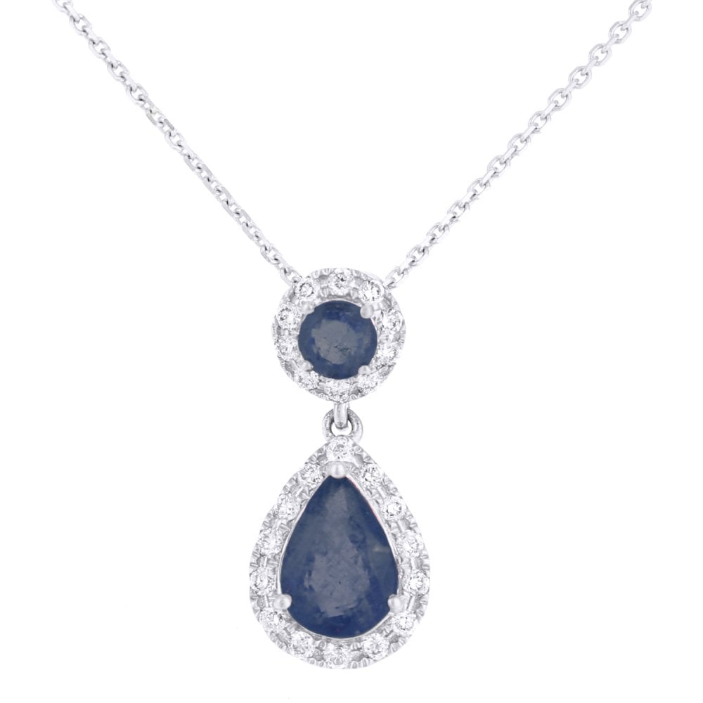 SPARKLD 9ct White Gold Pear Sapphire Teardrop 0.18ct Diamond Halo Pendant Necklace