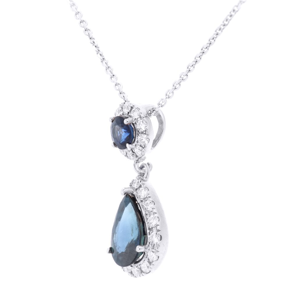 SPARKLD 9ct White Gold Pear Sapphire Teardrop 0.18ct Diamond Halo Pendant Necklace