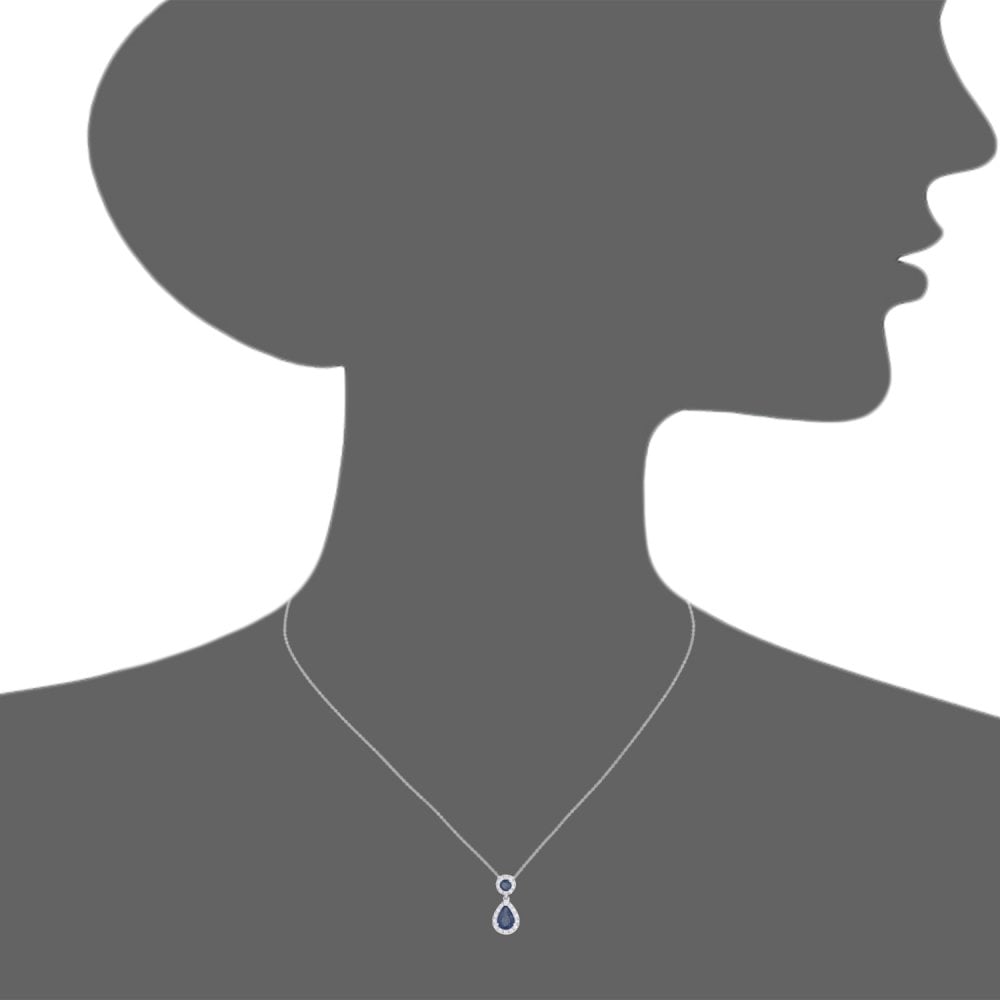 SPARKLD 9ct White Gold Pear Sapphire Teardrop 0.18ct Diamond Halo Pendant Necklace