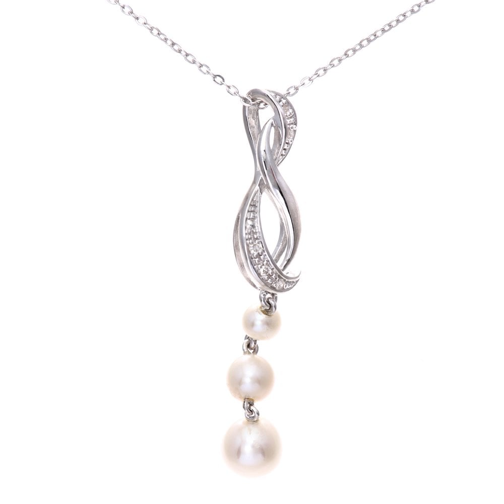 SPARKLD 9ct White Gold Pearl and 0.02ct Diamond Pendant Necklace