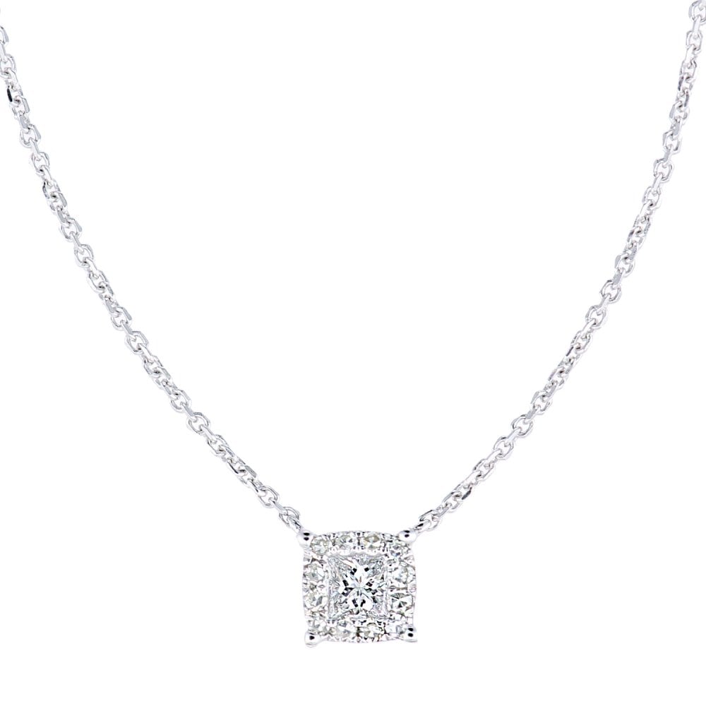 SPARKLD 9ct White Gold Princess 0.08ct Diamond Halo Necklace