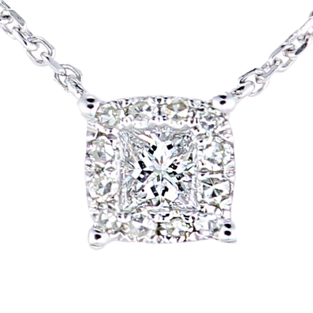 SPARKLD 9ct White Gold Princess 0.08ct Diamond Halo Necklace