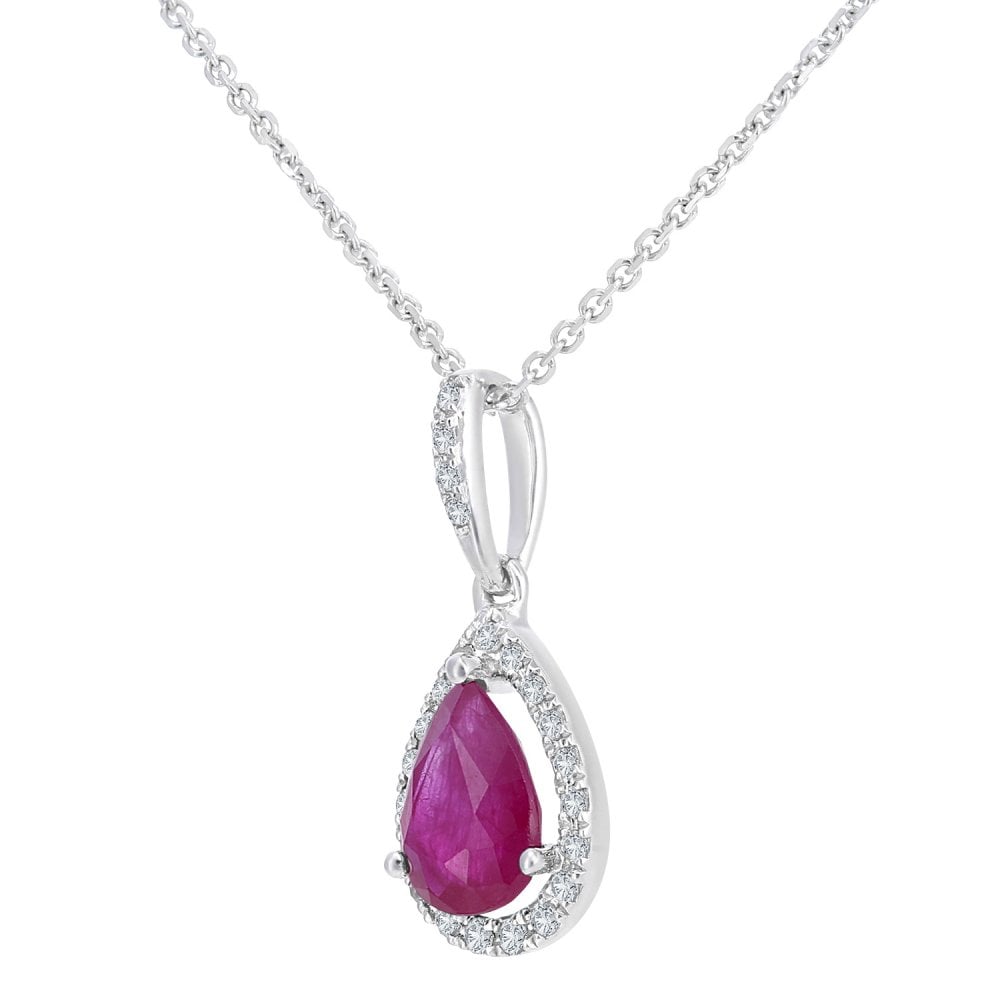 SPARKLD 9ct White Gold Ruby and 0.08ct Diamond Teardrop Pendant Necklace