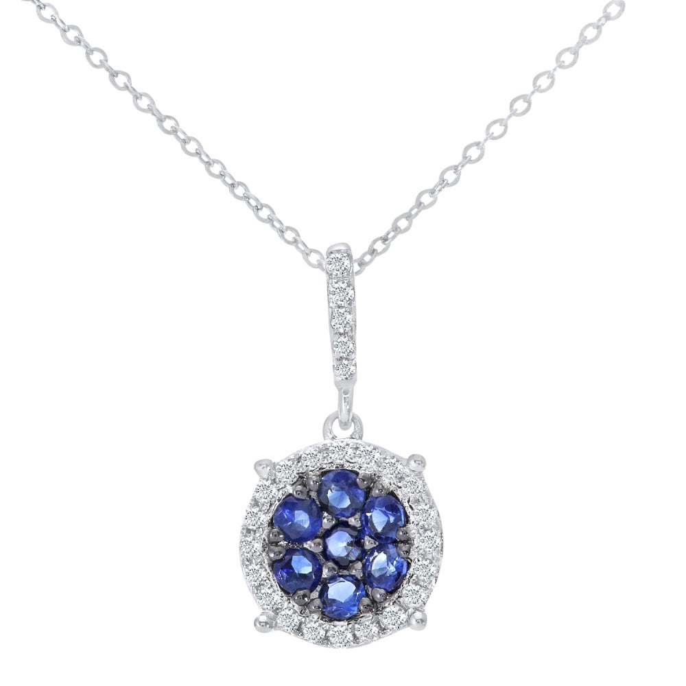 SPARKLD 9ct White Gold Sapphire and 0.10ct Diamond Halo Pendant Necklace
