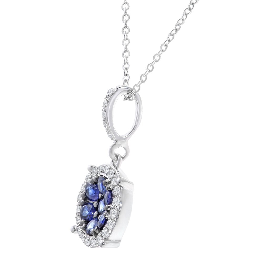 SPARKLD 9ct White Gold Sapphire and 0.10ct Diamond Halo Pendant Necklace