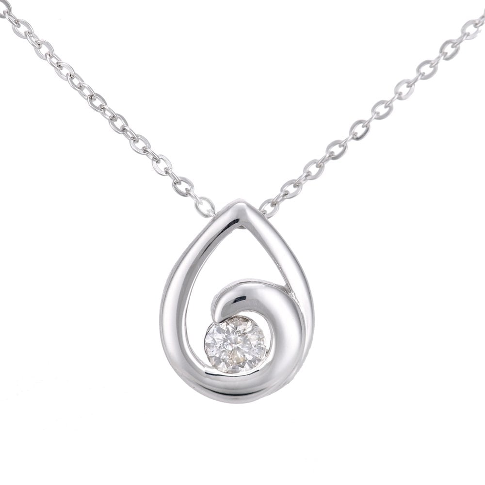 SPARKLD 9ct White Gold Solitaire Teardrop 0.09ct Diamond Pendant Necklace