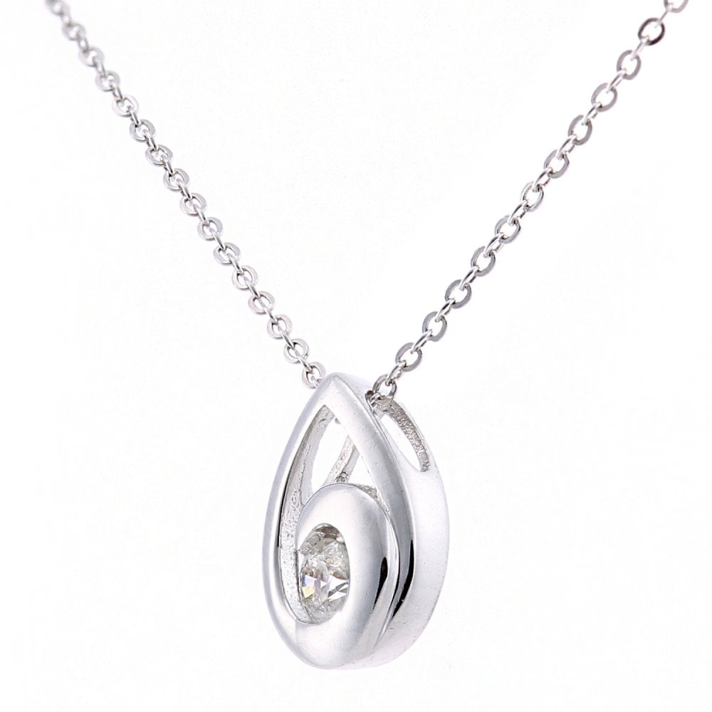 SPARKLD 9ct White Gold Solitaire Teardrop 0.09ct Diamond Pendant Necklace