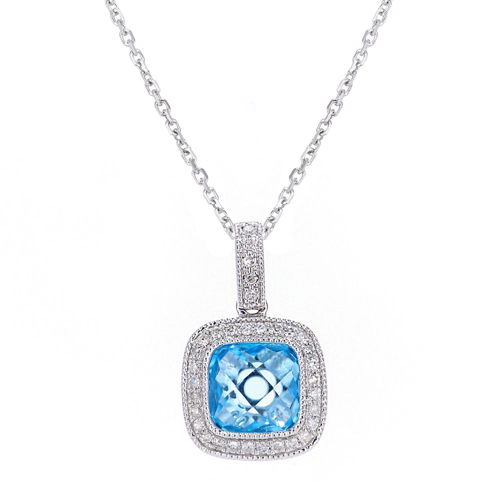 SPARKLD 9ct White Gold Square Blue Topaz and 0.10ct Diamond Pendant Necklace