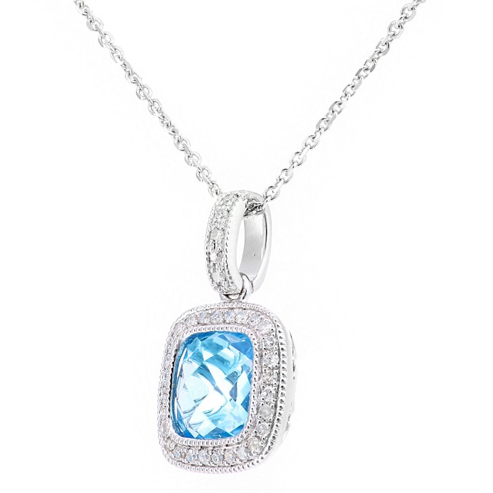 SPARKLD 9ct White Gold Square Blue Topaz and 0.10ct Diamond Pendant Necklace