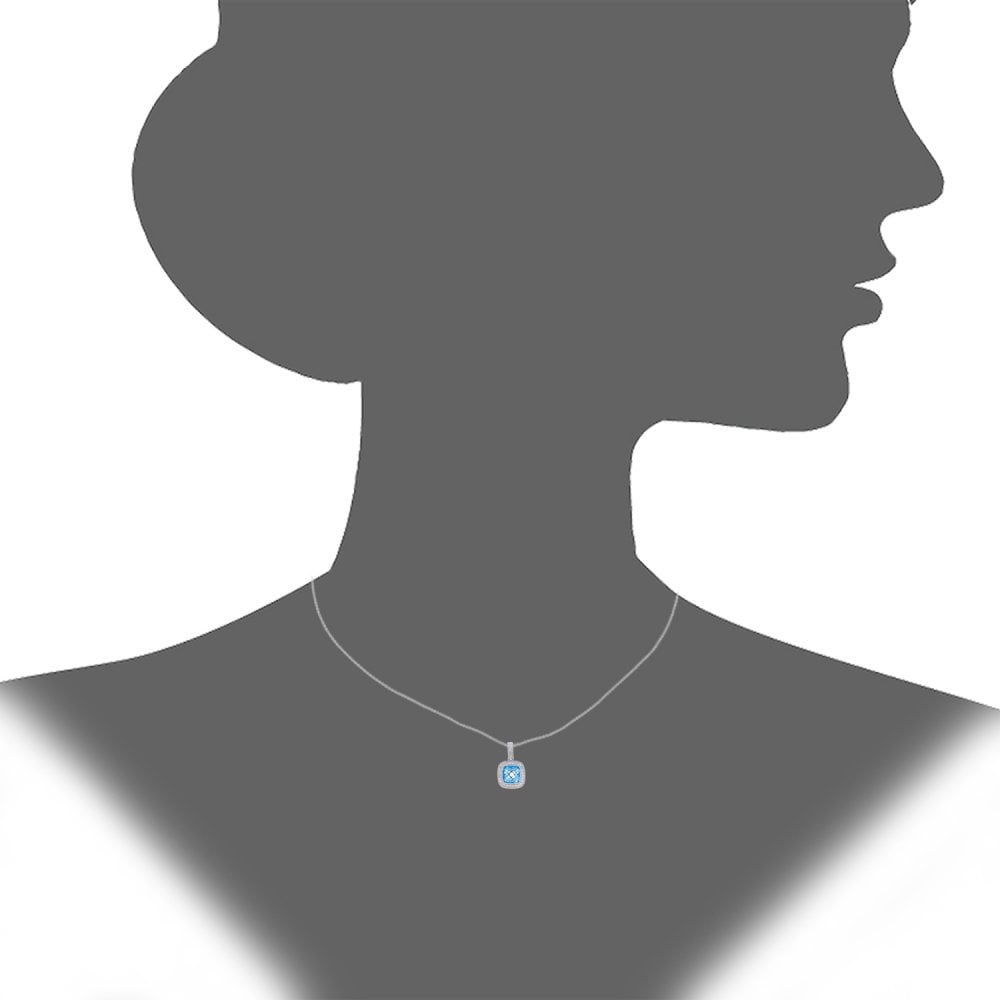 SPARKLD 9ct White Gold Square Blue Topaz and 0.10ct Diamond Pendant Necklace