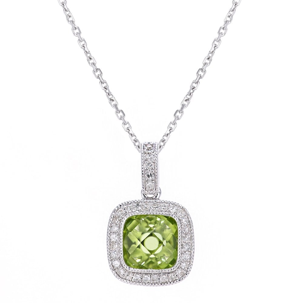 SPARKLD 9ct White Gold Square Peridot and 0.10ct Diamond Pendant Necklace