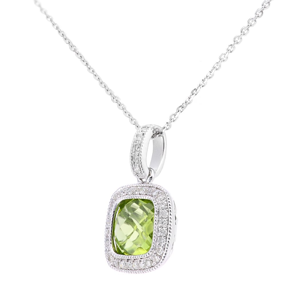 SPARKLD 9ct White Gold Square Peridot and 0.10ct Diamond Pendant Necklace