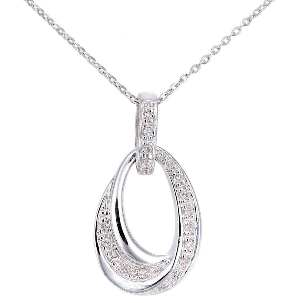 SPARKLD 9ct White Gold Teardrop 0.07ct Diamond Pendant Necklace