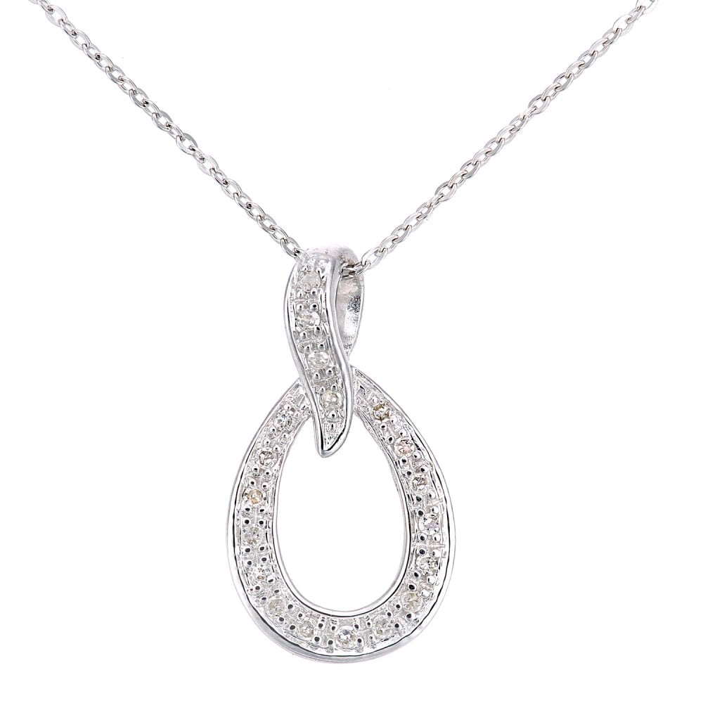 SPARKLD 9ct White Gold Teardrop 0.07ct Diamond Pendant Necklace