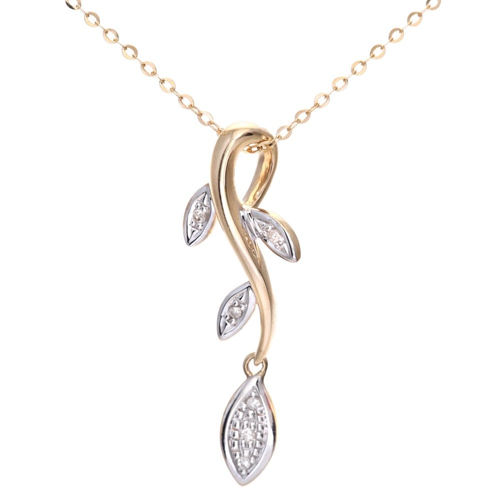 SPARKLD 9ct Yellow Gold 0.02ct Diamond Leaf Pendant Necklace
