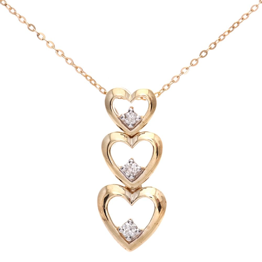 SPARKLD 9ct Yellow Gold 0.06ct Diamond Heart Trilogy Pendant Necklace