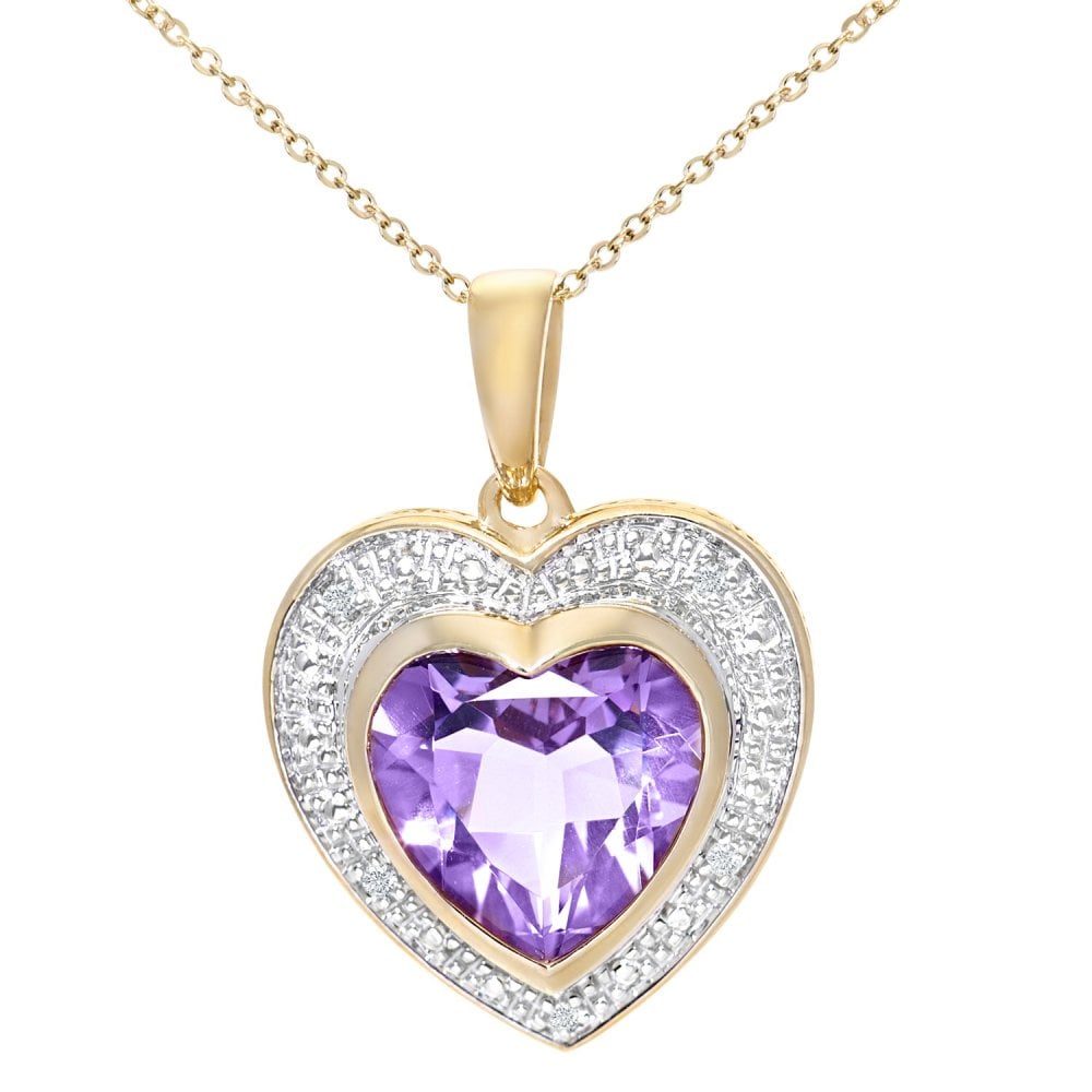 SPARKLD 9ct Yellow Gold Amethyst and 0.02ct Diamond Heart Pendant Necklace