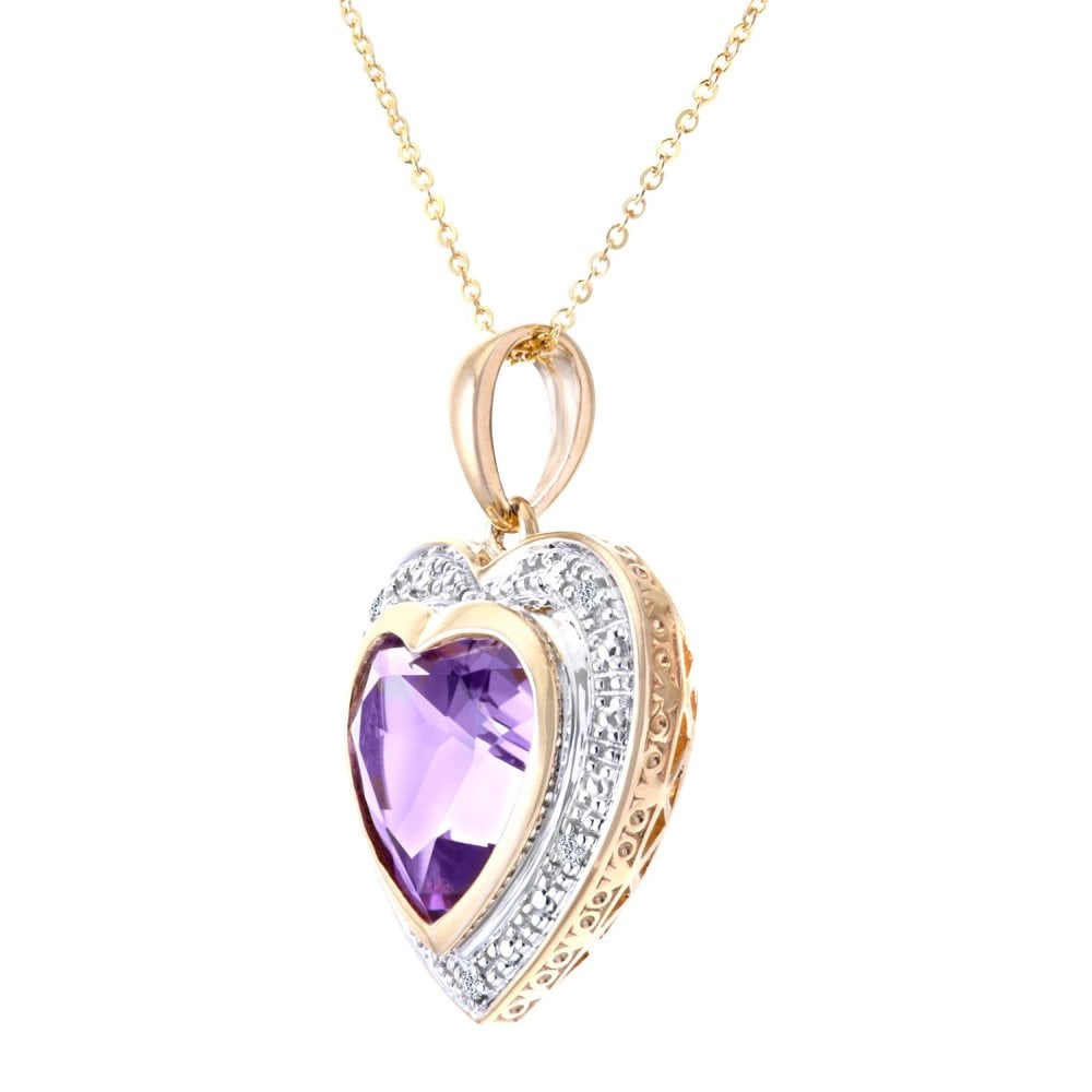 SPARKLD 9ct Yellow Gold Amethyst and 0.02ct Diamond Heart Pendant Necklace