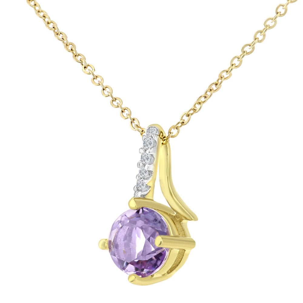 SPARKLD 9ct Yellow Gold Amethyst and 0.02ct Diamond Twist Pendant Necklace