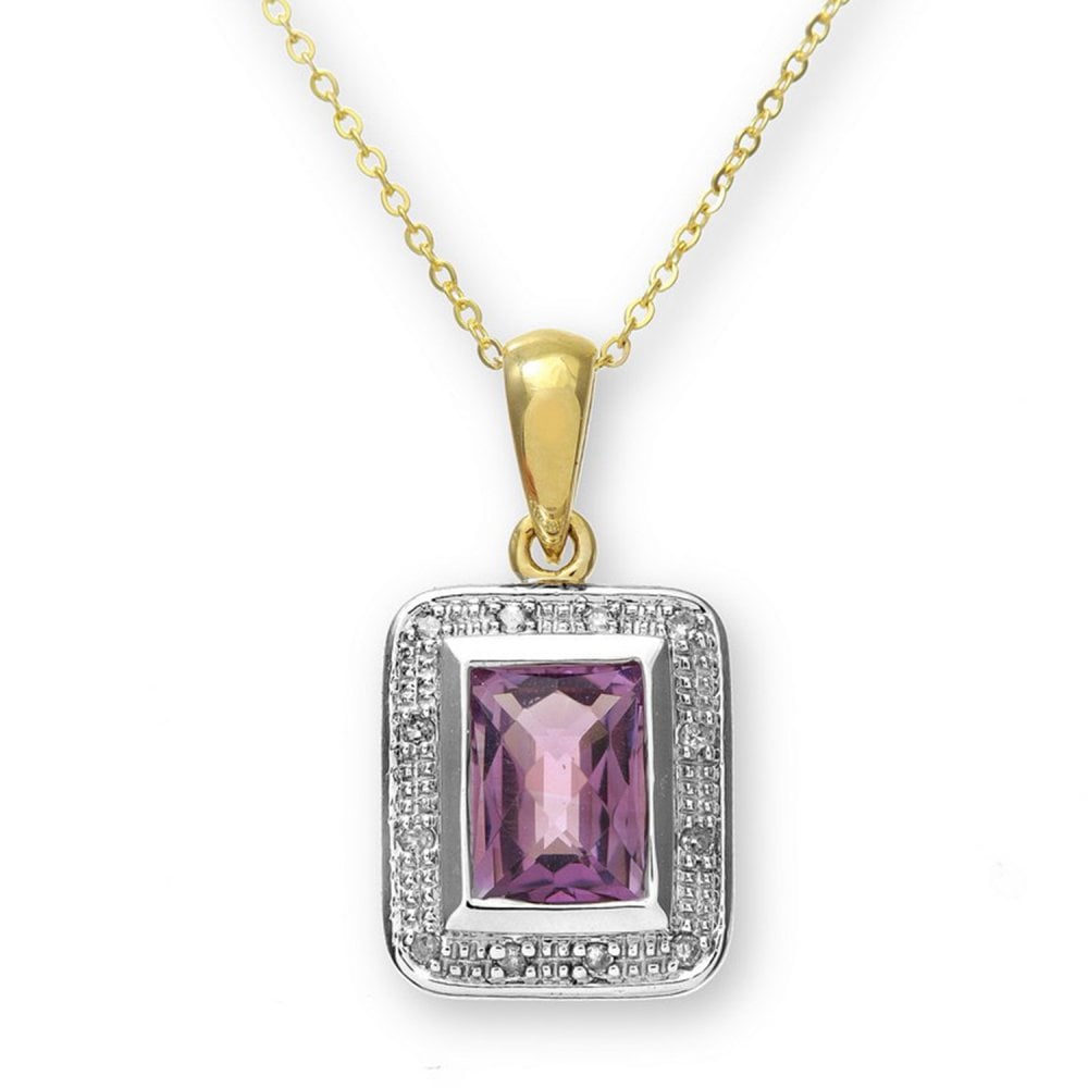 SPARKLD 9ct Yellow Gold Amethyst and 0.05ct Diamond Halo Pendant Necklace