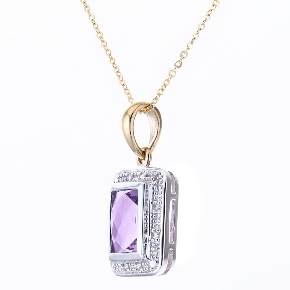 SPARKLD 9ct Yellow Gold Amethyst and 0.05ct Diamond Halo Pendant Necklace