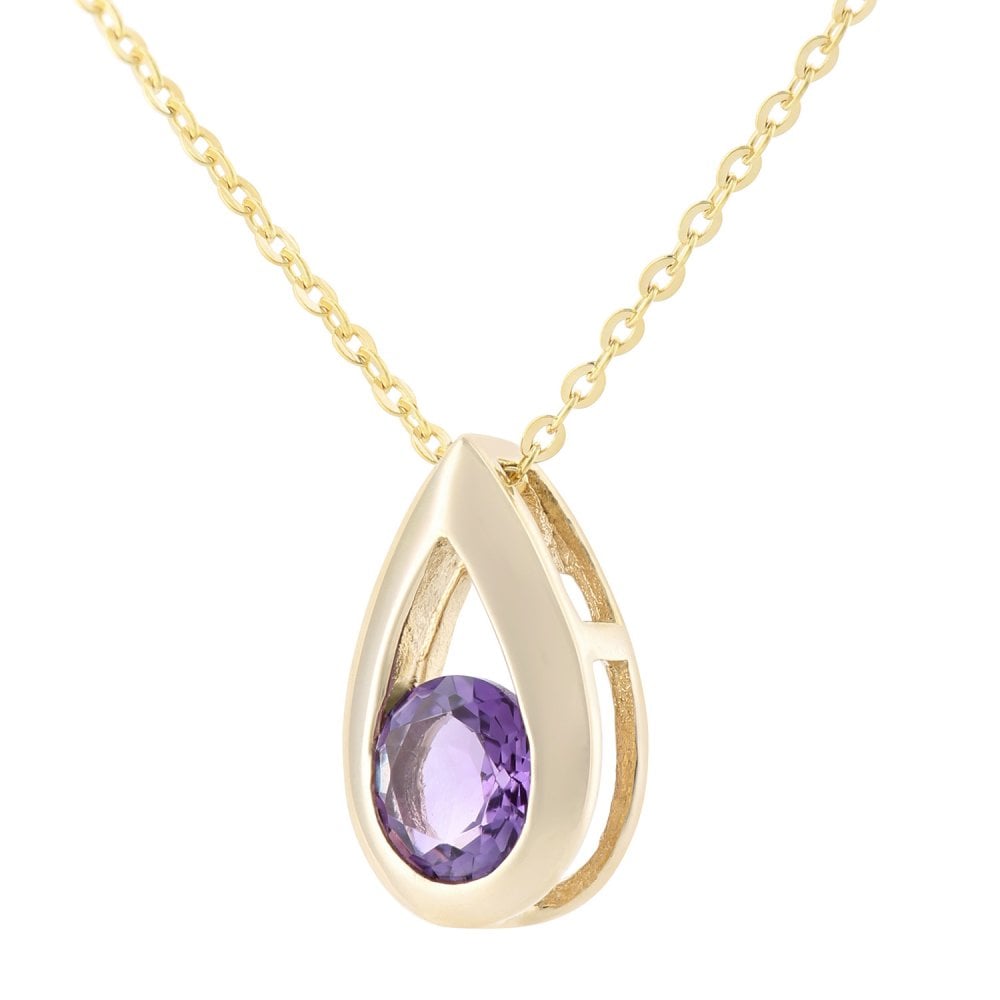 SPARKLD 9ct Yellow Gold Amethyst Teardrop Pendant Necklace