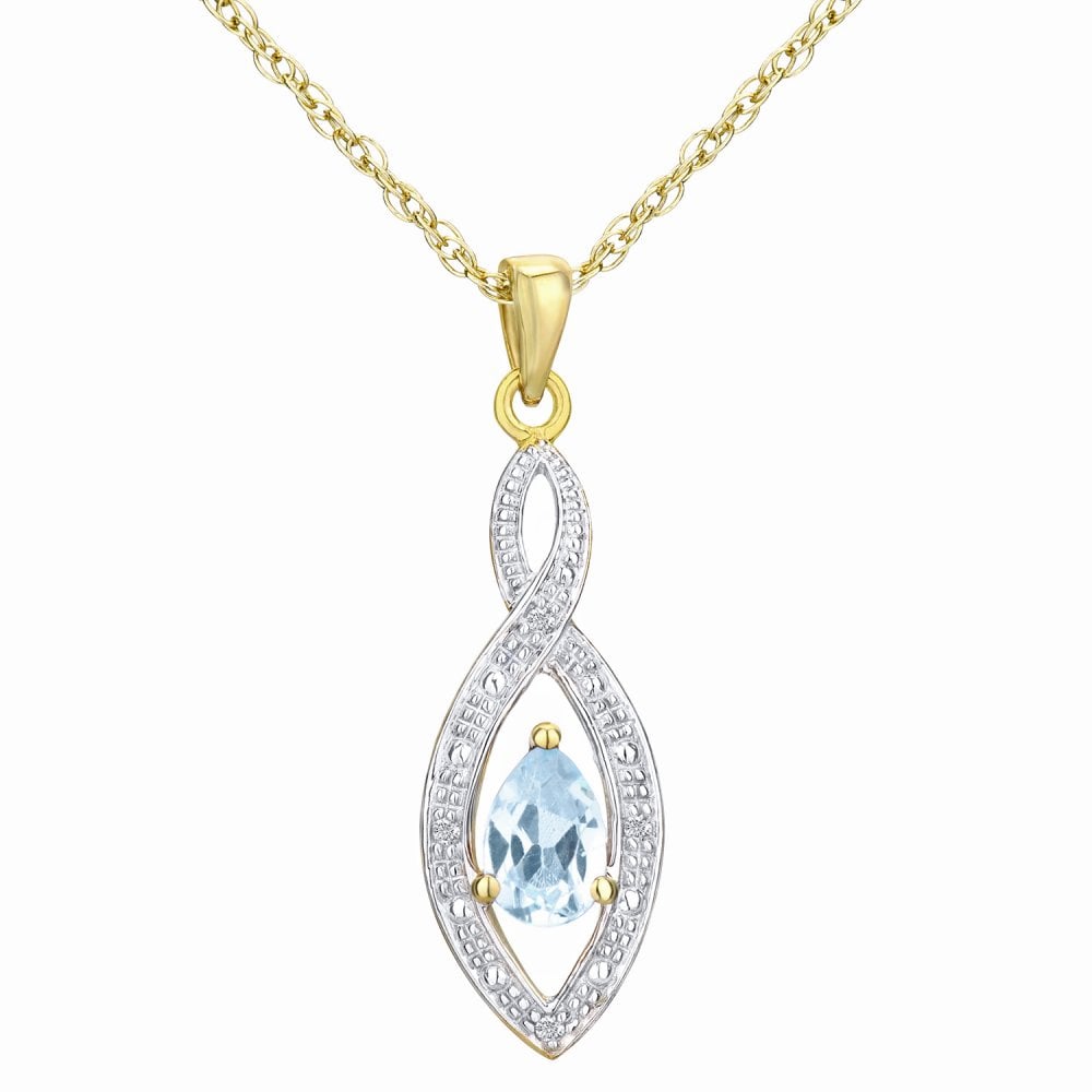 SPARKLD 9ct Yellow Gold Blue Topaz and 0.02ct Diamond Teardrop Pendant Necklace