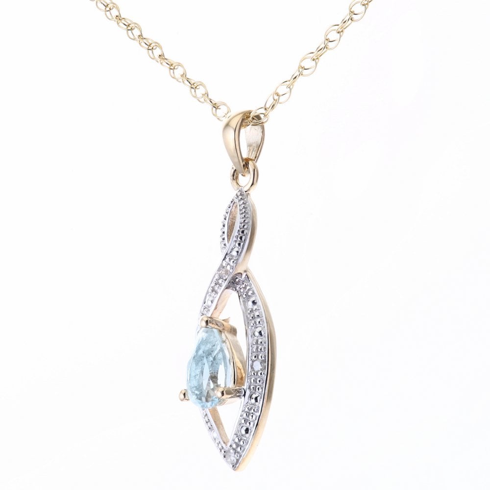 SPARKLD 9ct Yellow Gold Blue Topaz and 0.02ct Diamond Teardrop Pendant Necklace