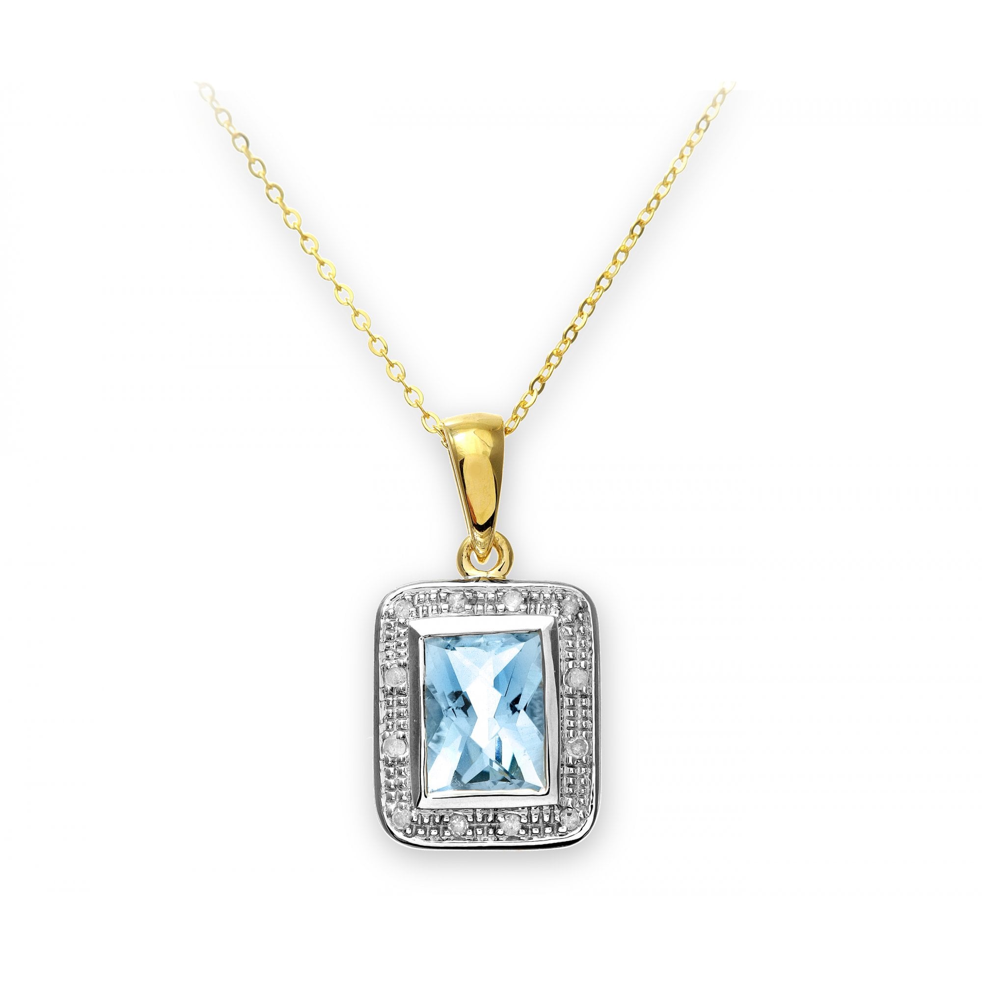 SPARKLD 9ct Yellow Gold Blue Topaz and 0.05ct Diamond Halo Pendant Necklace