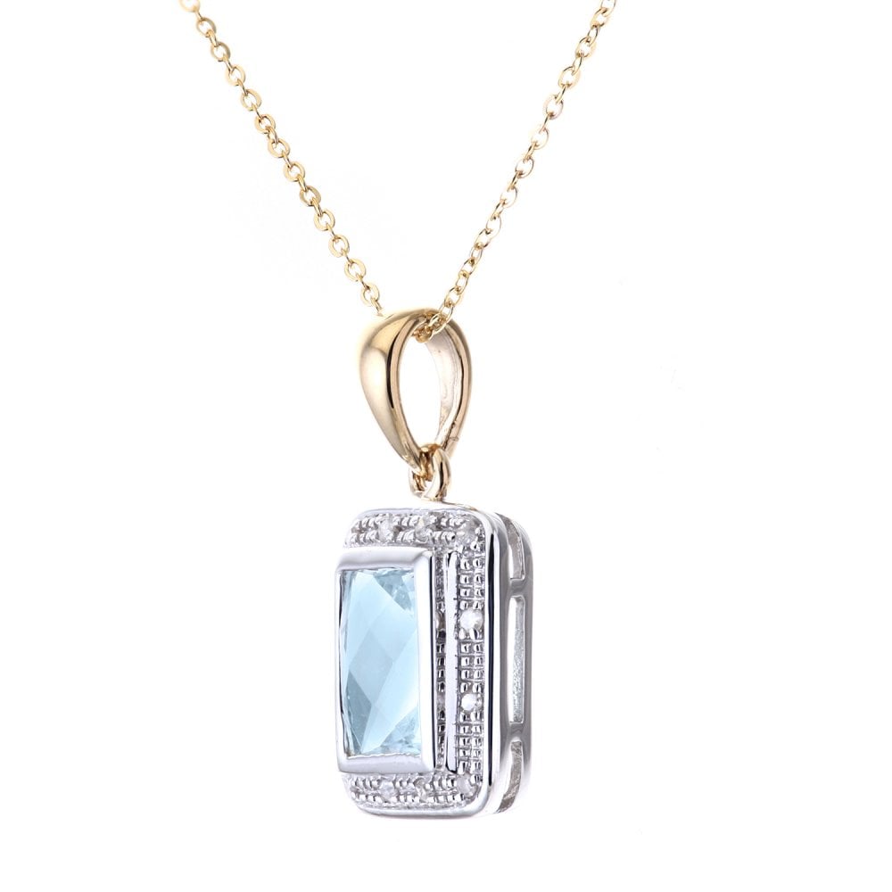 SPARKLD 9ct Yellow Gold Blue Topaz and 0.05ct Diamond Halo Pendant Necklace