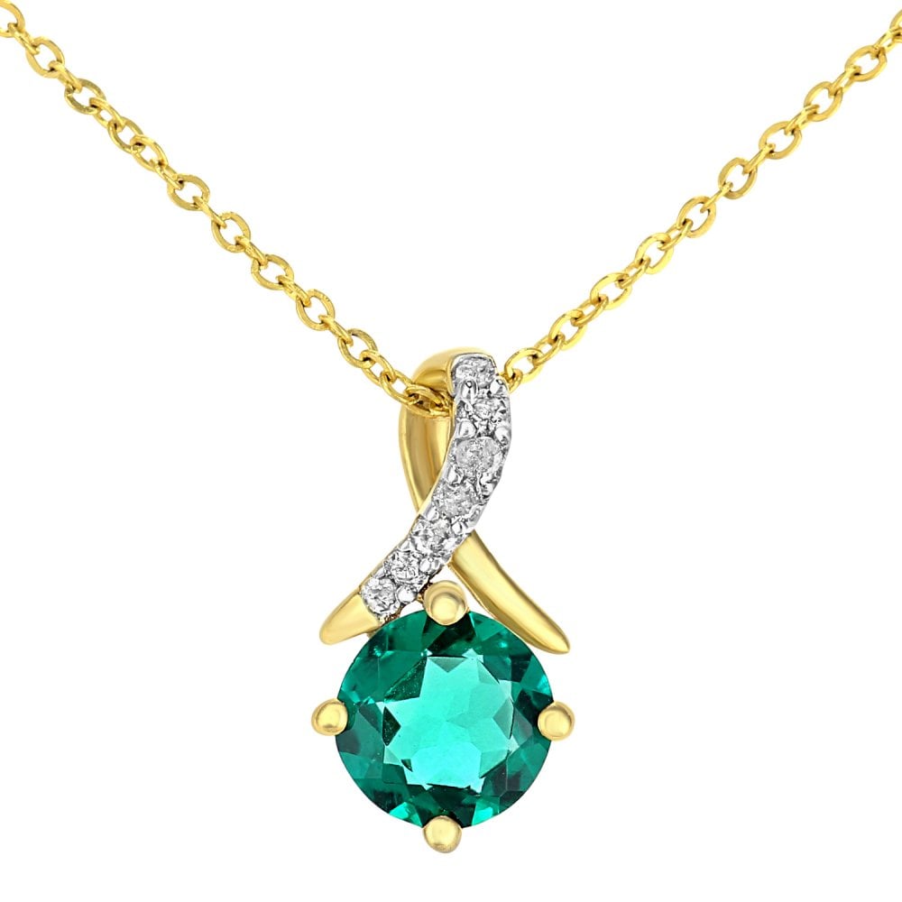 SPARKLD 9ct Yellow Gold Created Emerald and 0.02ct Diamond Twist Pendant Necklace