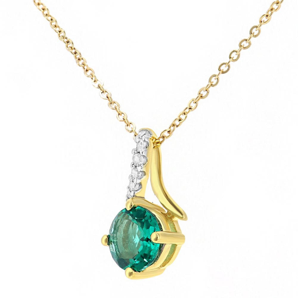 SPARKLD 9ct Yellow Gold Created Emerald and 0.02ct Diamond Twist Pendant Necklace