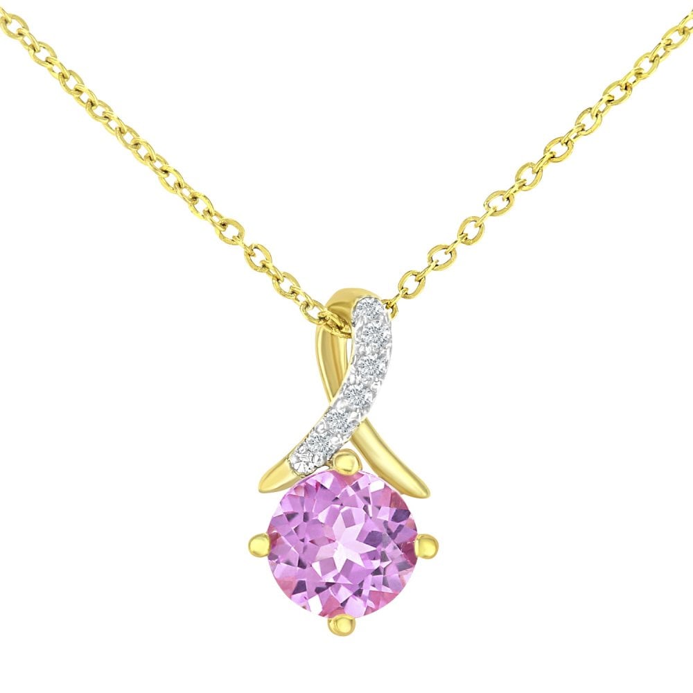 SPARKLD 9ct Yellow Gold Created Pink Sapphire and 0.03ct Diamond Twist Pendant Necklace