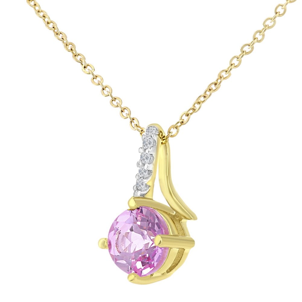 SPARKLD 9ct Yellow Gold Created Pink Sapphire and 0.03ct Diamond Twist Pendant Necklace