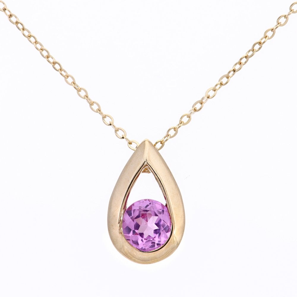 SPARKLD 9ct Yellow Gold Created Pink Sapphire Teardrop Pendant necklace